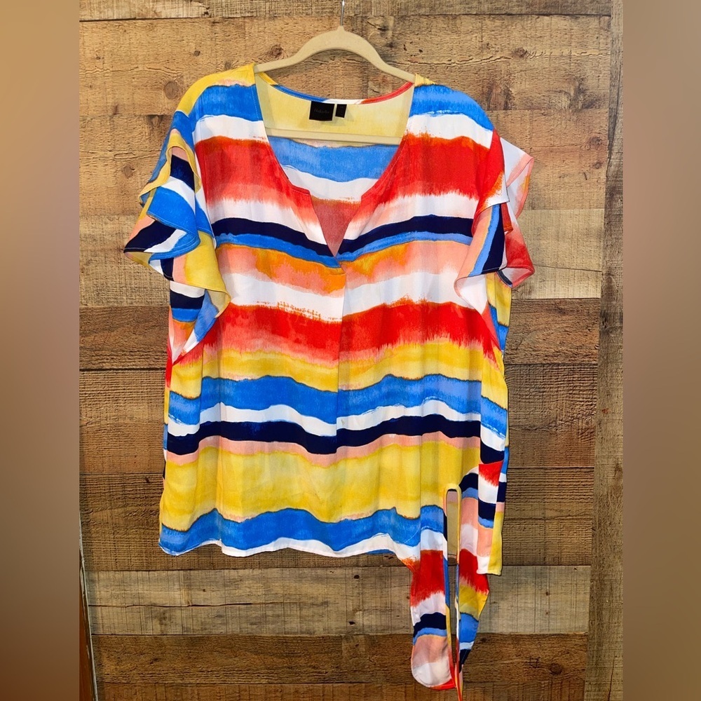 Rafaella ruffle sleeve striped blouse